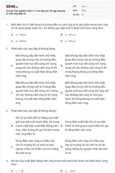 33 câu Trắc nghiệm Vật Lí 11 (có đáp án): Ôn tập chương 5: Cảm ứng điện từ