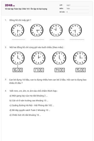 Vở bài tập Toán lớp 2 Bài 161: Ôn tập về đại lượng
