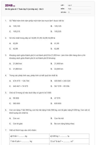 Đề thi giữa kì 1 Toán lớp 5 (có đáp án) - Đề 3