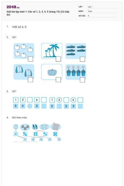 Giải bài tập toán 1: Các số 1, 2, 3, 4, 5 (trang 15) (Có đáp án)