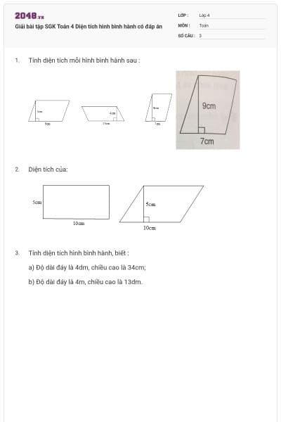 Giải bài tập SGK Toán 4 Diện tích hình bình hành có đáp án