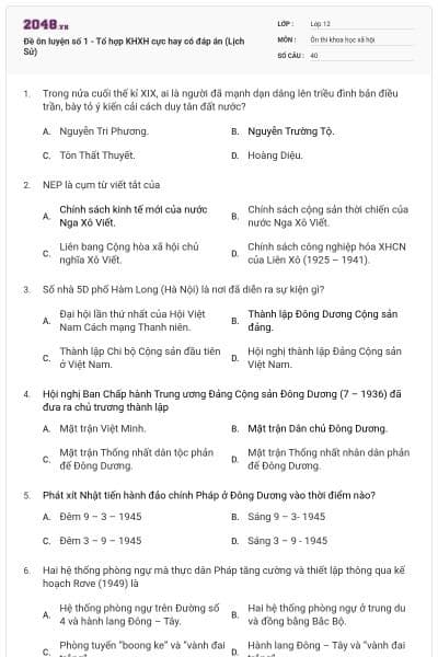 Đề ôn luyện số 1 - Tổ hợp KHXH cực hay có đáp án (Lịch Sử)