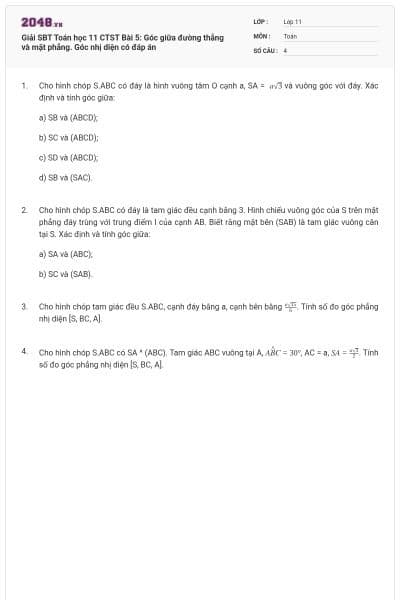Giải SBT Toán học 11 CTST Bài 5: Góc giữa đường thẳng và mặt phẳng. Góc nhị diện có đáp án