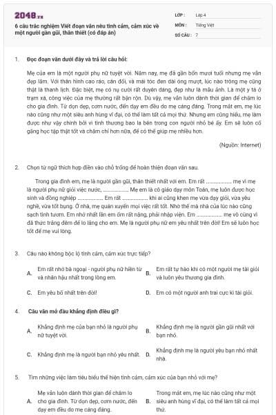 6 câu trắc nghiệm Viết đoạn văn nêu tình cảm, cảm xúc về một người gần gũi, thân thiết (có đáp án)