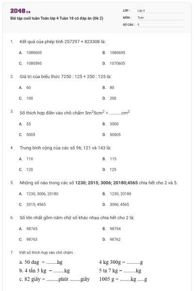 Bài tập cuối tuần Toán lớp 4 Tuần 18 có đáp án (Đề 2)