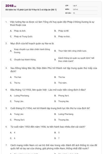Đề kiểm tra 15 phút Lịch Sử 9 Học kì 2 có đáp án (Đề 1)