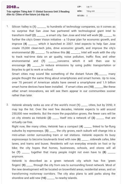 Trắc nghiệm Tiếng Anh 11 Global Success Unit 3 Reading điền từ: Cities of the future (có đáp án)