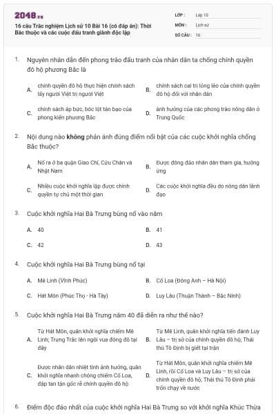 16 câu Trắc nghiệm Lịch sử 10 Bài 16 (có đáp án): Thời Bắc thuộc và các cuộc đấu tranh giành độc lập