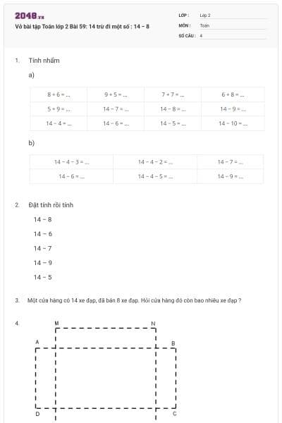Vở bài tập Toán lớp 2 Bài 59: 14 trừ đi một số : 14 − 8