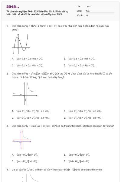 74 câu trắc nghiệm Toán 12 Cánh diều Bài 4: Khảo sát sự biến thiên và vẽ đồ thị của hàm số có đáp án - Đề 3