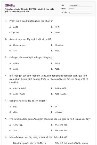 Tổng hợp chuyên đề ôn thi THPTQG môn Sinh Học có lời giải chi tiết (Chuyên đề 13)