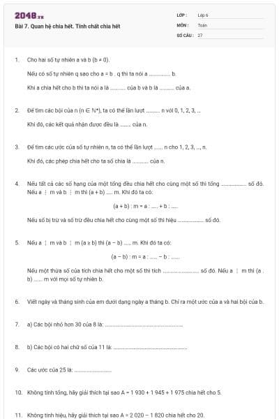 Bài 7. Quan hệ chia hết. Tính chất chia hết