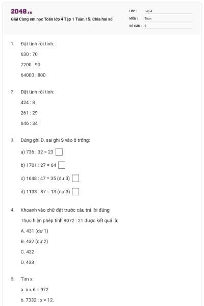 Giải Cùng em học Toán lớp 4 Tập 1 Tuần 15. Chia hai số