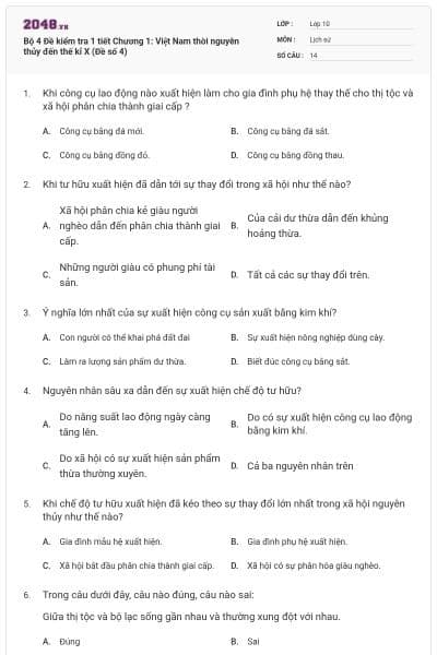 Bộ 4 Đề kiểm tra 1 tiết Chương 1: Việt Nam thời nguyên thủy đến thế kỉ X (Đề số 4)