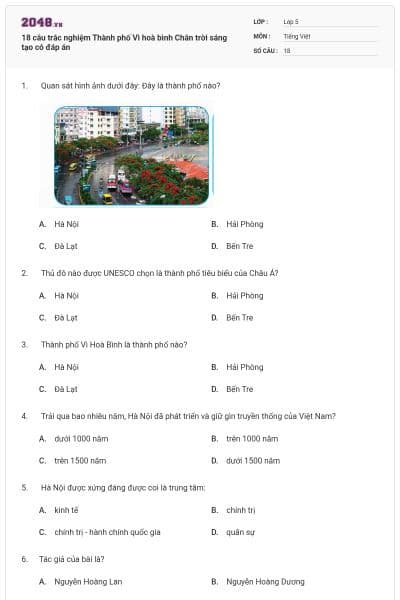 18 câu trắc nghiệm Thành phố Vì hoà bình Chân trời sáng tạo có đáp án