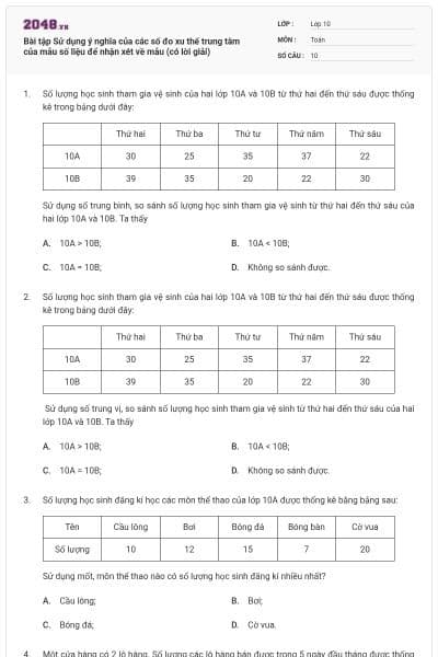 Bài tập Sử dụng ý nghĩa của các số đo xu thế trung tâm của mẫu số liệu để nhận xét về mẫu (có lời giải)