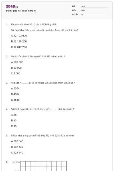 Đề thi giữa kì 1 Toán 4 (Đề 8)
