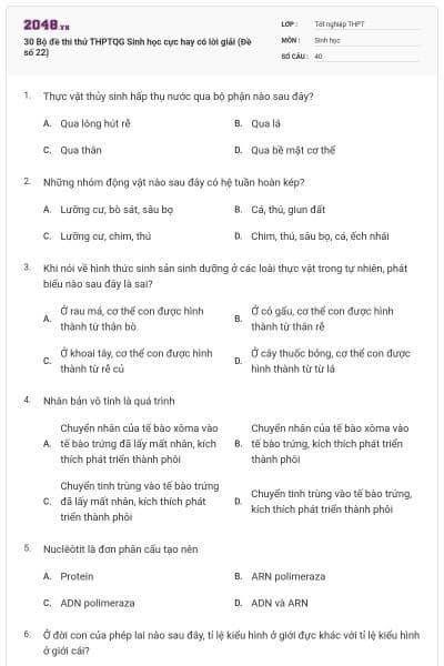 30 Bộ đề thi thử THPTQG Sinh học cực hay có lời giải (Đề số 22)