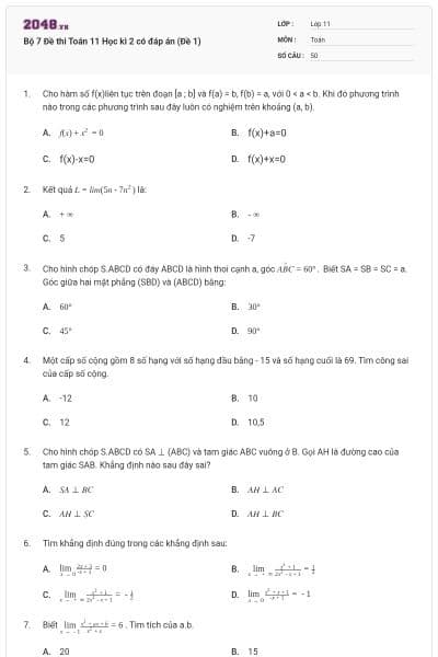 Bộ 7 Đề thi Toán 11 Học kì 2 có đáp án (Đề 1)
