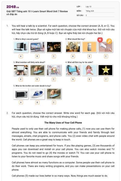Giải SBT Tiếng anh 10 I-Learn Smart Word Unit 7 Review có đáp án