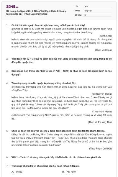 Đề cương ôn tập cuối kì 2 Tiếng Việt lớp 4 Chân trời sáng tạo (có đáp án) - Phần Luyện từ và Câu
