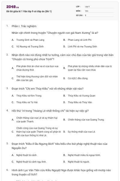 Đề thi giữa kì 1 Văn lớp 9 có đáp án (Đề 1)