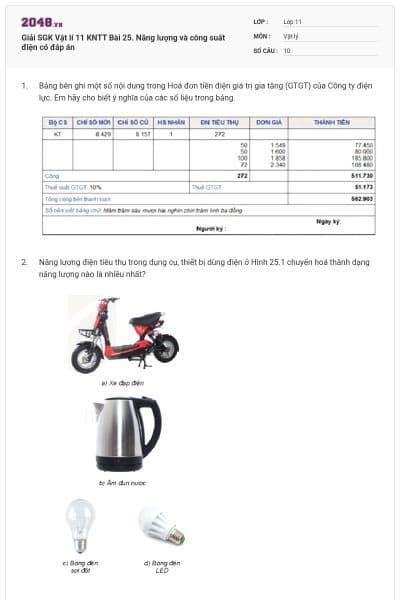 Giải SGK Vật lí 11 KNTT Bài 25. Năng lượng và công suất điện có đáp án