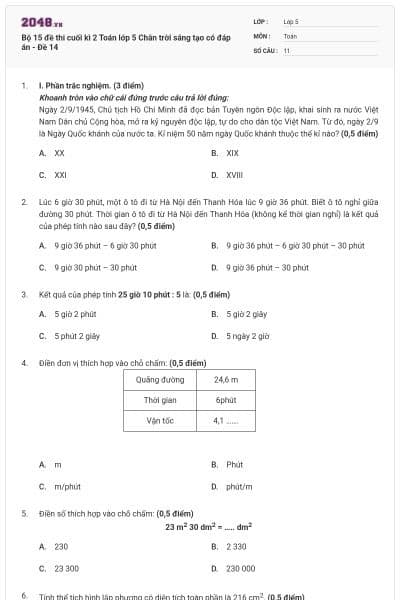 Bộ 15 đề thi cuối kì 2 Toán lớp 5 Chân trời sáng tạo có đáp án - Đề 14